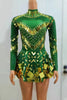 Stretch Sequins Mirror Dress Women Bodysuit Dancewear Long Sleeve Drag Queen Costume Rave Festival Night Out BodySuits