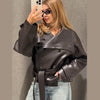 Drawstring Waist Brown Textured PU Leather Jacket Women High Neck Asymmetric Zip Button Detail Oversized Full Streetwear