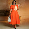 Elegant Women A Line Colorblock Dress Bow Neck Short Puff Sleeve Africa Business Ceremony Party Graduation Festival Wear