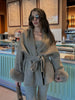 Solid Lace Up Faux Fur Sleeve Jacket Woman Elegant Mid-length V-neck Woolen Blend Coat Autumn Casual Scarf Outwear