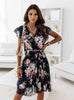 Women's Fly-sleeve Waist Floral Pleat Dress Women's Casual Print Dress Temperament V-neck Dress Woman