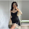 Elegant Satin Floral Lace Patchwork Mini Dress For Women Irregular Hem Long Sleeve Dresses Lady Chic Evening Party Vestidos