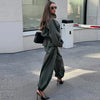 Women's Trousers 2 Pcs Sets Stand Collar Long Sleeve Single Breasted Pleated Ruffles Coats Lantern Pants Autumn Lady Outfits