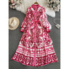 Spring Autumn Retro Palace Long Sleeved Standing Neck Waist Slim Appearance Single woman Breasted A-line Celadon Print Dress