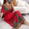 Women Bohemian Ethnic Printed Holiday Dress V-Neck Elastic Waist Casual Batswing Sleeve Mid Dress Elegant Vintage Retro Dress