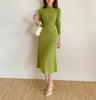 Autumn Winter Slim Long Sleeve Party Midi Dress for Women Knitted Half High Collar Elegant Knitted Sweater Dresses Ladies