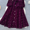 Women Rhinestone Lace Up Dresses Velvet Solid Dress A Line Lantern Sleeve Ankle Lenth Single Breasted Casual Elegant Autumn