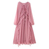 Casual Solid Ruffles Patchwork Robe Women Minimalist Full Sleeve Mesh Loose Fit Lace Up Maxi Dress Vacation Daily Date Wear