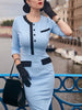 Womens 2/3 Sleeve Elegant Front Button Work Office Knee Length Colorblock Business Casual Vintage Party Bodycon Sheath Dress