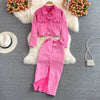 Denim 2 Piece Sets Jacket Skirt Women Suit Long Skirts Outerwear Outfits Single Breasted Pockets Washed Coat Ensemble