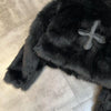 Winter Women Cotton Jacket Lapel Long Sleeve Patch Cross Short Fur Coat Black