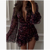 Women Chic Floral Print Deep V Neck Long Sleeved Waist Cinching Dress Layered Ruffle Hem Mini Dresses Elegant Party Daily Robes