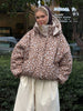 Women Deer Spotted Hooded Puffer Jacket Brown White Dots Drawstring Hood Cropped Elastic Cuff Coats Warm Winter Casual Outerwear