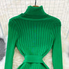 Turtleneck Sexy Wrap Hips Knitted Dresses Women Autumn Winter Long Sleeve Bodycon Sweater Dress with Belt