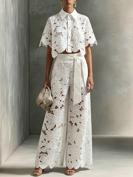 Elegant Women's Sets Sexy Lace Hollow Shirt Short Top + Wide-leg Pants Two Piece Set Women Suits Solid Color Sets Female