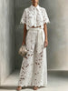 Elegant Women's Sets Sexy Lace Hollow Shirt Short Top + Wide-leg Pants Two Piece Set Women Suits Solid Color Sets Female