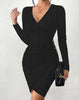 Women's V-Neck Long Sleeve Bodycon Dress - Ribbed Knit Mini Dress with Button Detail Sexy Wrap Style for Party & Night Out