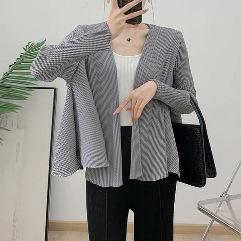 Versatile Pleated Jacket For Women Spring Long Sleeves Solid Color Cardigan Female Casual Coats 2DB1618