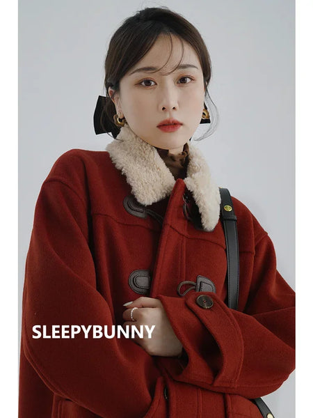 Lamb Wool Collar Duffle Coat Women Long Wool-Like Overcoat Elegant Loose Fit Warm Winter Outerwear Clothing