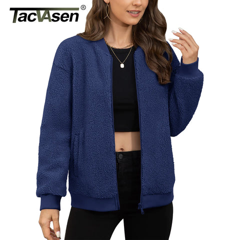 Womens Teddy Fleece Jacket Full Zip Thermal Lined Fuzzy Coat with Inner Pockets Warm Antistatic Winter Outerwear