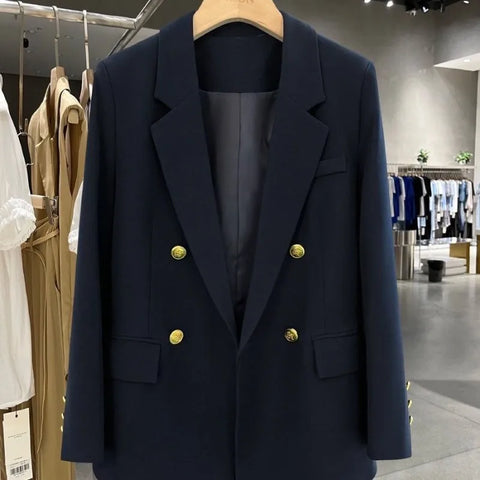 Women's Jacket Suit Jacket Casual Blazers Navy Blue Single-breasted Lapel Loose Office Worker Coat for Women Outwear