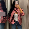 Suede Stand Collar Cropped Jacket Ribbed Hem Autumn Women Retro Daily Outerwear Chic Street Ladies Coat