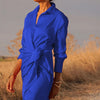 Casual Lapel V Neck Slim Long Dress For Women Spring Full Sleeve Solid Shirts Dress Elegant Lady Lace Up Split Party Dresses