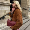 Women's Bomber Jacket Autumn Suede Crop Outerwears Khaki Darkkhaki Coats Coats & Jackets Chic Long Sleeve Tops
