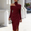 Women's White Off Shoulder Asymmetric Bodycon Dresses Autumn High Collar Cutout Long Sleeve Ruched Slit Slim Midi Dress