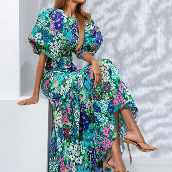 Early Spring O Neck Fit Mermaid Dress Lady Party Pleated Dress Temperament Lantern Sleeve Print Wrap Hips Long Dress