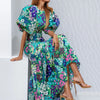 Early Spring O Neck Fit Mermaid Dress Lady Party Pleated Dress Temperament Lantern Sleeve Print Wrap Hips Long Dress