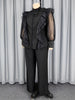 Elegant Two Pieces Set Half High Neck Bow Puff Sheer Sleeve Beading RufflesTops Wide Leg Pants Office Lady Party Outfits