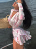 Women's Pink Floral Print Puff Sleeve Dress With Waistband Deep V-neck Chic Satin Ruffled Hem Mini Dress Elegant Sexy Robes