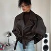 Retro Solid Lace Up Leather Short Jackets Women Chic Lapel V-neck Waist Cinching Cropped Jackets Lady Daily High Street Outwear