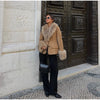Beige Faux Suede Women Jacket Fur Collar Cuffs Trim Button Front Coat Vintage Western Cowgirl Style Warm Winter Outerwear