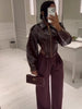 Women Coated Cinched-waist Leather Jacket Retro Casual Lapel Full Sleeve Zipper Fishbone Coats Lady Daily High Street Coat