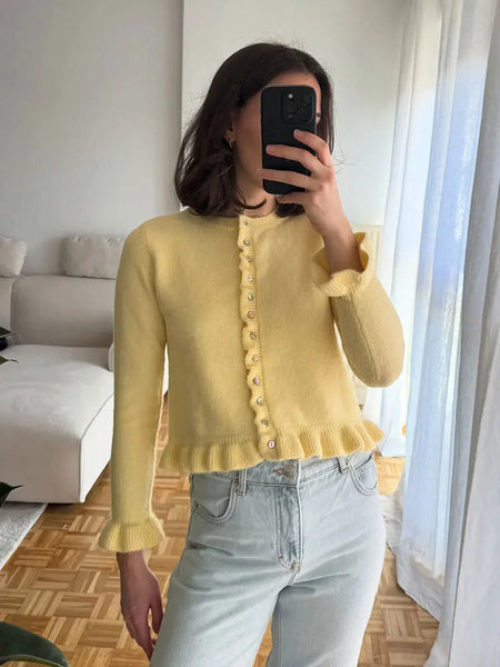 Women Elegant Yellow Sweater O Neck Single Breasted Long Butterfly Sleeve Knitted Cardigan Autumn Office Lady Coat