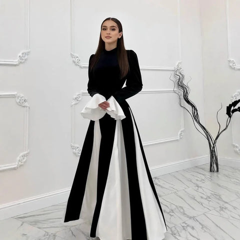 Black Velvet Patchwork White Long Dresses Women Temperament Elegant Slim Bell Sleeves Evening Dress Socialite Banquet Vestidos