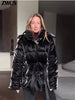Warm Glossy Hooded Lace-up Cotton Coats Women's Casual Zipper Bottons Belted Overcoat Winter Female Solid Streetwear