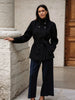 Women Black Belted Double Breasted Coat High Neck Long Sleeve Tailored Fit Elegant Jacket Winter Office Casual Outerwears