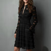 Sexy Sheer Mesh Fringe Trim Mini Dress Woman Spring V Neck Ruffles Pleated Party Dresses Autumn Long Sleeve Ruched Bodycon Dress