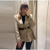 Women's Striped Blazer Belted Single Breasted Long Sleeve Lapel Neck Coat Female Casual Daily Commute Office Jacket