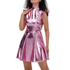 Metallic Women's Shiny Dress Holographic Solid Color Turtleneck Pleated Dress Carnival Costume Gold Silver Rave Dress Outfits