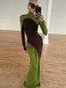 Contrast Patchwork Dress Woman Classic Ruched Turtleneck Full Sleeve Skinny Stretch Casual Elegant Vestidos