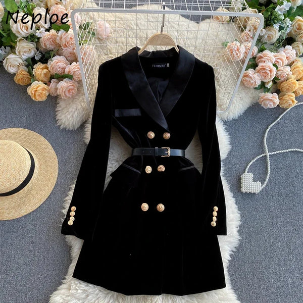 Autumn Winter British Style Double breasted Slim Velvet Dress Femme Vintage Elegant Solid Color Lapel Collar Vestido