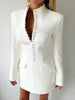 Stand Collar Long Sleeve Women Blazer Dress White Single Breasted Shoulder Pads Dress Winter Skinny Elegant Blazer Dress