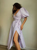 100% Cotton V-neck Waist Cinched Dress Unique Lantern Sleeve Sexy Slit Long Skirt Women's Casual Dresses