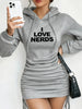 Women's Casual Elegant Hooded Dress Autumn Winter Long Sleeved Waist Cinched Drawstring Pattern Printed Hoodie