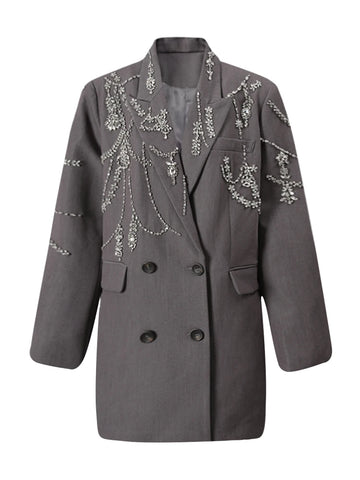 Women's Heavy Industry Nail Bead Blazer Notched Collar Double Breasted Loose Suit Jackets Autumn