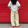 Striped Patchwork Scalloped Trim Trousers Women Street Elastic Waist Pocket Panelled Loose Wide Leg Pants Chic Ladies Partywear